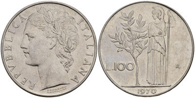 Италия 100 лир 1970 R, Афина у оливкого дерева KM 96.1 нержавеющая сталь 4149-1216