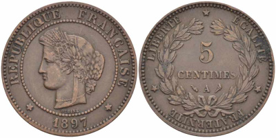 ФРАНЦИЯ 5 САНТИМОВ 1897 А, ТРЕТЬЯ РЕСПУБЛИКА (1871-1940) KM 821.1, LE FRANC 118.41 бронза 108-645