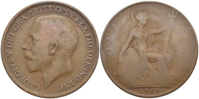Великобритания 1 пенни 1919 Георг V (1910-1936) KM 810, Spink 4051 бронза 115-136