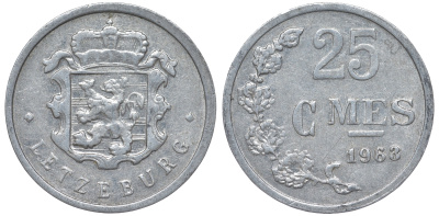 Люксембург 25 сантимов 1963 KM 45a.1 алюминий 4528-424
