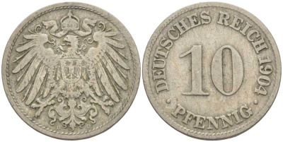 ГЕРМАНИЯ 10 ПФЕННИГОВ 1904 D KM 12, J. 13 медно-никель 4401-1255