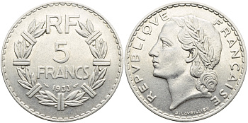 ФРАНЦИЯ 5 ФРАНКОВ 1933 KM 888 никель 4389-1111