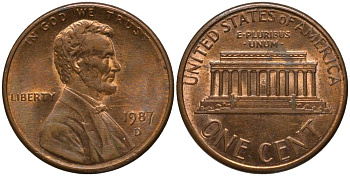 США 1 цент 1987 D, Линкольн KM 201b цинк плакированный медью 4547-956