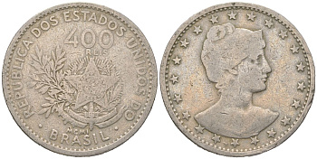 Бразилия 400 реалов 1901 MCMI, голова свободы вправо KM 505 медно-никель 4612-442