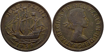 Великобритания 1/2 пенни 1959 Елизавета II (1952-2022) KM 896, Spink 4158 бронза 51-2141