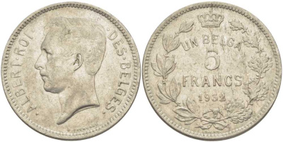БЕЛЬГИЯ 5 ФРАНКОВ 1932 АЛЬБЕРТ I, DES BELGES KM 97.1 никель 3851-221