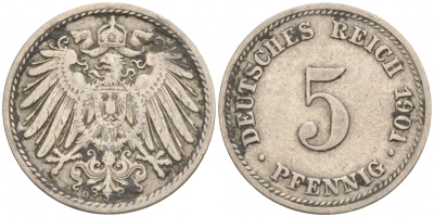 ГЕРМАНИЯ 5 ПФЕННИГОВ 1901 A, KM 11, J. 12 медно-никель 73-239