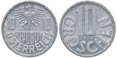 АВСТРИЯ 10 ГРОШЕЙ 1975 KM 2878 алюминий 72-1337
