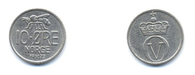 Норвегия 10 эре 1972 пчела, Улаф V (1958-1991) KM 411 медно-никель 4379-957