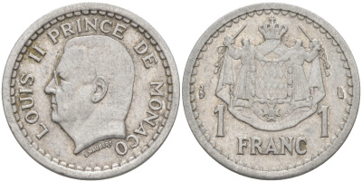 Монако 1 франк 1943 Луи II (1922-1949) KM 120 алюминий 190-525