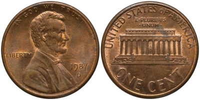 США 1 цент 1987 D, Линкольн KM 201b цинк плакированный медью 4547-956