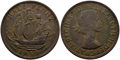 Великобритания 1/2 пенни 1959 Елизавета II (1952-2022) KM 896, Spink 4158 бронза 51-2141