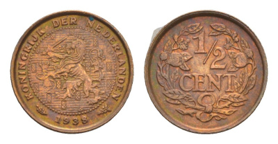 Нидерланды 1/2 цента 1938 Вильгельмина (1890-1948) KM 138 бронза UNC 4658-765