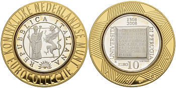 Италия 10 евро 2008 700 лет Университету Перуджиа, коллекция Нидерландского монетного двора KM 306 серебро PROOF 11-060-31