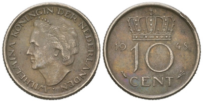 Нидерланды 10 центов 1948 Вильгельмина (1895-1948) KM 177 никель 4174-864