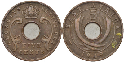 Британская Восточная Африка 5 центов 1949 Георг VI (1936-1952) KM 33 бронза 94-154