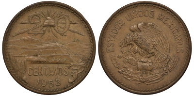 МЕКСИКА 20 СЕНТАВО 1953 ПИРАМИДА СОЛНЦА В ТЕОТИУАКАНЕ KM 439 бронза VF 215-835