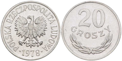 ПОЛЬША 20 ГРОШЕЙ 1978 MW KM А47 алюминий UNC 201-465