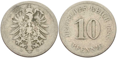 ГЕРМАНИЯ 10 ПФЕННИГОВ 1888 J, СТАРОГЕРБОВКА KM 4, J. 4 медно-никель 4401-325