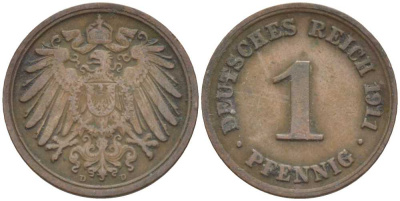 ГЕРМАНИЯ 1 ПФЕННИНГ 1911 D KM 10, J. 10 медь 201-938
