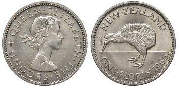 Новая Зеландия 1 флорин 1965 Елизавета II (1952-2022), птичка киви KM 28.2 медно-никель UNC 4526-526
