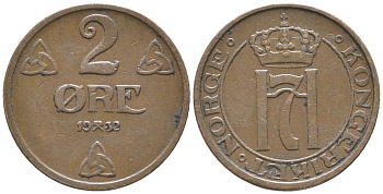НОРВЕГИЯ 2 ЭРЕ 1932 ХОКОН VII (1905-1957) KM 371 бронза 34-621