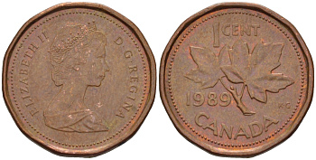 Канада 1 цент 1989 Елизавета II (1952-2022), кленовый лист KM 132 бронза 53-115