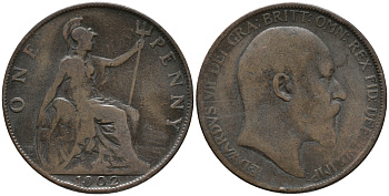 Великобритания 1 пенни 1902 Эдуард VII (1901-1910) KM 794.1, Sp 3990A бронза 32-825
