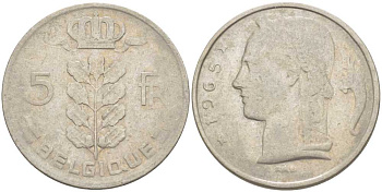 БЕЛЬГИЯ 5 ФРАНКОВ 1965 BELGIQUE, БОДУЭН I (1951-1993) KM 134.1 медно-никель 213-553