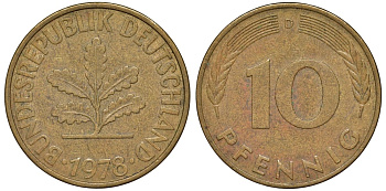 ФРГ 10 пфеннигов 1978 D KM 108, J. 383 сталь плакированная латунью 4132-552