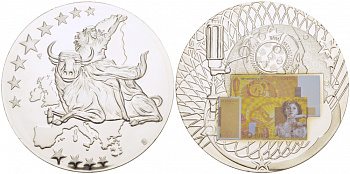 НИДЕРЛАНДЫ МЕДАЛЬ 2002 ПОХИЩЕНИЕ ЕВРОПЫ, КУПЮРА 50 ЕВРО ЕВРОПРОБА, СЕРЕБРЕНИЕ, ЦВЕТНАЯ ЭМАЛЬ, ДИАМЕТР 50 ММ. ВЕС 54 ГР. медно-никель PROOF 01-232-12