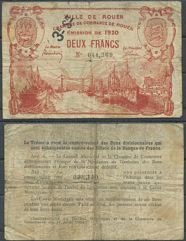 Франция, Город и Торговая палата Руана 2 франка 1920 Jean Pirot 110.63 бумага 6285-33-2-2