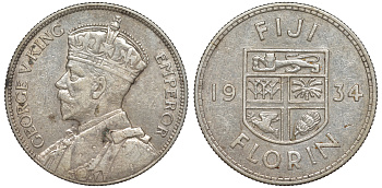 Фиджи 1 флорин 1934 Георг V (1910-1936), герб Фиджи KM 5 серебро 91-1226