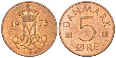 Дания 5 эре 1973 S; B, Маргрете II (1972-2024) KM 859.1 железо плакированная медью aUNC 3955-616