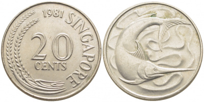 СИНГАПУР 20 ЦЕНТОВ 1981 ГОЛУБОЙ МАРЛИН, ТУНЕЦ KM 4 медно-никель UNC 3856-1033