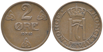 НОРВЕГИЯ 2 ЭРЕ 1932 ХОКОН VII (1905-1957) KM 371 бронза 34-621