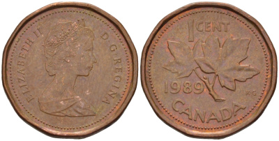 Канада 1 цент 1989 Елизавета II (1952-2022), кленовый лист KM 132 бронза 53-115