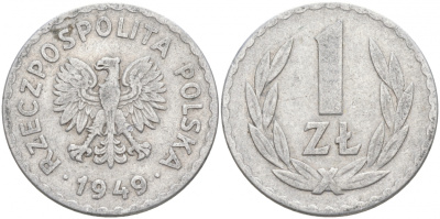 ПОЛЬША 1 ЗЛОТЫЙ 1949 KM 45а алюминий 68-414
