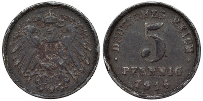 Германия 5 пфеннигов 1916 F KM 19, J. 297, Weege 5 железо 4118-1046
