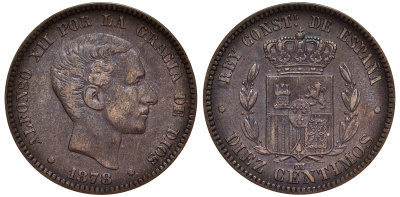 Испания 10 сентимо 1878 ОМ, Альфонсо XII KM 675 бронза    1530-633