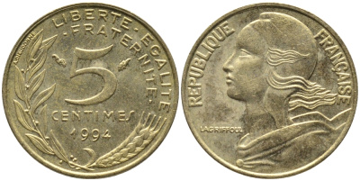 ФРАНЦИЯ 5 САНТИМОВ 1994 ТИП MARIANNE KM 933 медь алюминий никель 99-1128