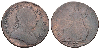 Великобритания 1/2 пенни 1773 Георг III (1760-1820) KM 601, Spink 3774 медь 4707-837