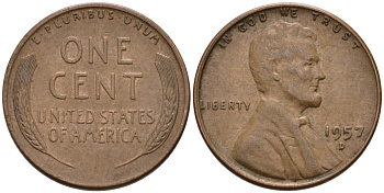 США 1 цент 1957 D, Линкольн KM А132 медь цинк 4564-311