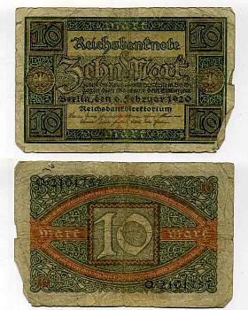 ГЕРМАНИЯ 10 МАРОК 1920 6 ФЕВРАЛЯ 1920, БУКВА F, СЕРИЯ Q, СЕМЬ ЦИФР В НОМЕРЕ СЕРИИ Pick 67a, Rosenberg 63а бумага 7146-28-3-1