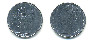 ИТАЛИЯ 100 ЛИР 1978 R, АФИНА KM 96.1 нержавеющая сталь 3999-343