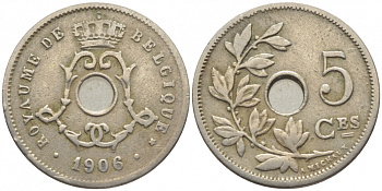 БЕЛЬГИЯ 5 САНТИМОВ 1906 BELGIQUE KM 54 медно-никель 105-1038