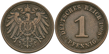Германия 1 пфенниг 1908 E, Вильгельм II (1888-1918) KM 10, J. 10 медь 4608-162