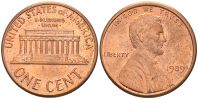 США 1 цент 1989 Линкольн KM 201b цинк плакированный медью UNC 63-364