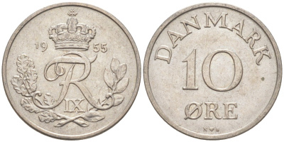 Дания 10 эре 1955 N; S, Фредерик IX (1947-1972) KM 841.1 медно-никель 187-511