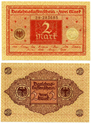 Германия 2 марки 1920 1 марта 1920, красная, серия 28 Pick 59, Розенберг 65b бумага aUNC 2195-35-1-1